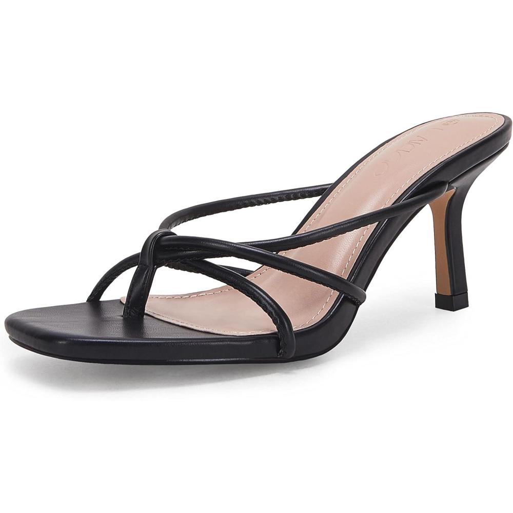 imageLAICIGO Womens Square Open Toe Flip Flops Stiletto Heels Strappy Thong Slide on Slingback Mules SandalsBlack