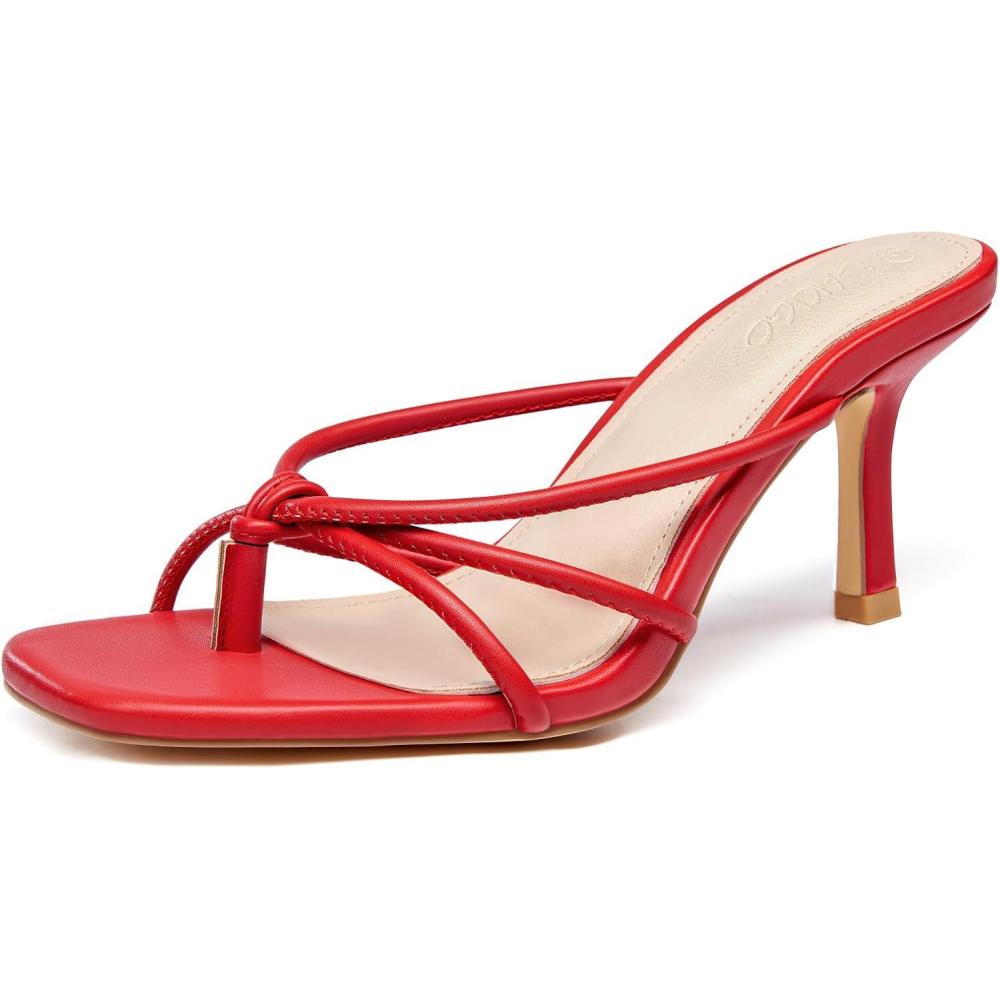 imageLAICIGO Womens Square Open Toe Flip Flops Stiletto Heels Strappy Thong Slide on Slingback Mules SandalsRed