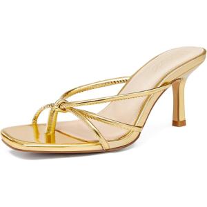 LAICIGO Women’s Square Open Toe Flip Flops Stiletto Heels Strappy Thong Slide on Slingback Mules Sandals(Gold)