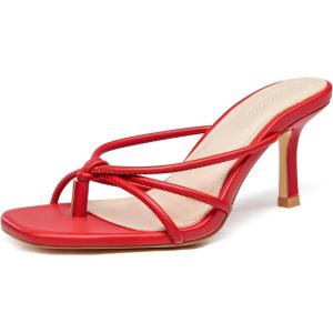 LAICIGO Women’s Square Open Toe Flip Flops Stiletto Heels Strappy Thong Slide on Slingback Mules Sandals(Red)