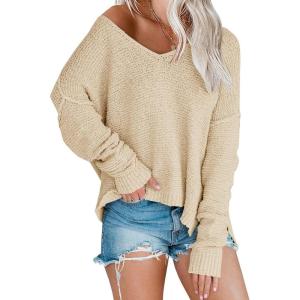 Women’s Off Shoulder Knit Sweaters Oversized V Neck Long Sleeve Loose Lightweight Pullover Tops(Apricot)