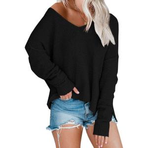 Women’s Off Shoulder Knit Sweaters Oversized V Neck Long Sleeve Loose Lightweight Pullover Tops(Black)
