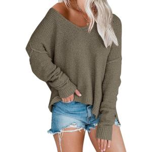Women’s Off Shoulder Knit Sweaters Oversized V Neck Long Sleeve Loose Lightweight Pullover Tops(Coffee)