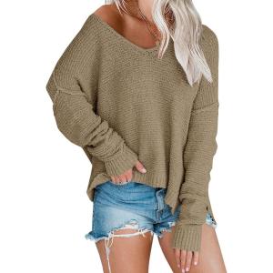 Women’s Off Shoulder Knit Sweaters Oversized V Neck Long Sleeve Loose Lightweight Pullover Tops(Light Khaki)