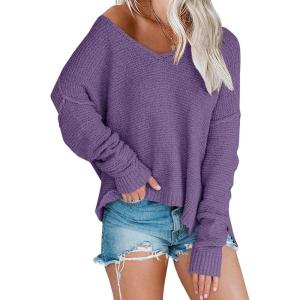 Women’s Off Shoulder Knit Sweaters Oversized V Neck Long Sleeve Loose Lightweight Pullover Tops(Purple)