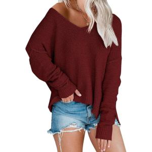 Women’s Off Shoulder Knit Sweaters Oversized V Neck Long Sleeve Loose Lightweight Pullover Tops(Wine Red)