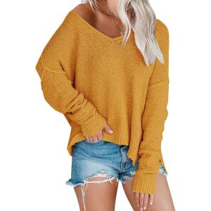 Women’s Off Shoulder Knit Sweaters Oversized V Neck Long Sleeve Loose Lightweight Pullover Tops(Yellow)