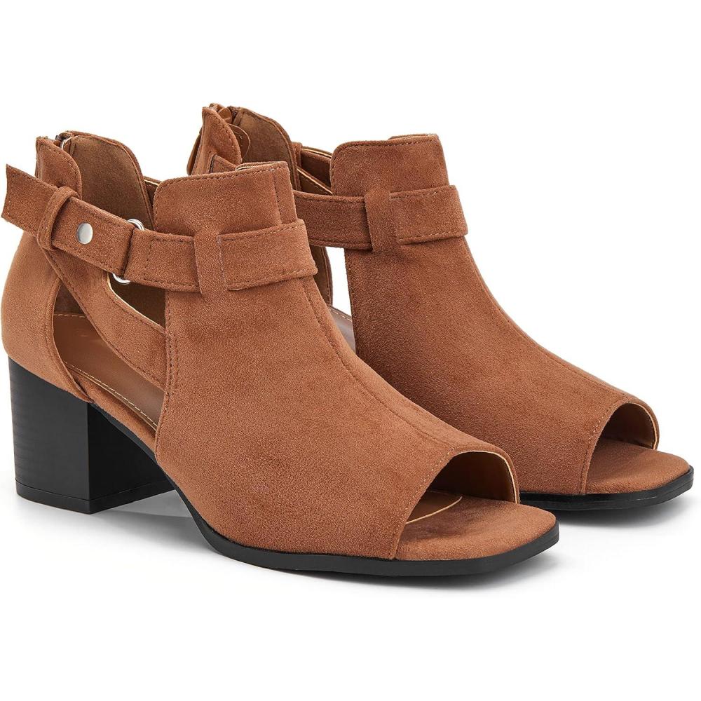 imageLAICIGO Womens Peep Toe Heels Chunky Heel Booties Open Toe Booty Cutout Dress Shoes with Back ZipperBrown