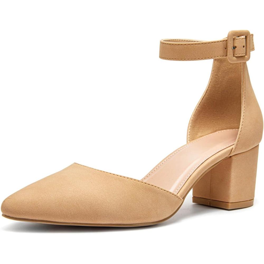 imageLAICIGO Womens Pointed Toe Pumps Ankle Strap Buckle Chunky Block Heel Dress DOrsay ShoesApricot Leather