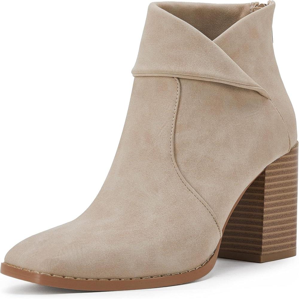 imageLAICIGO Womens Square Toe Ankle Boots High Chunky Stacked Heel Slip On Criss Cross Zipper BootiesApricot