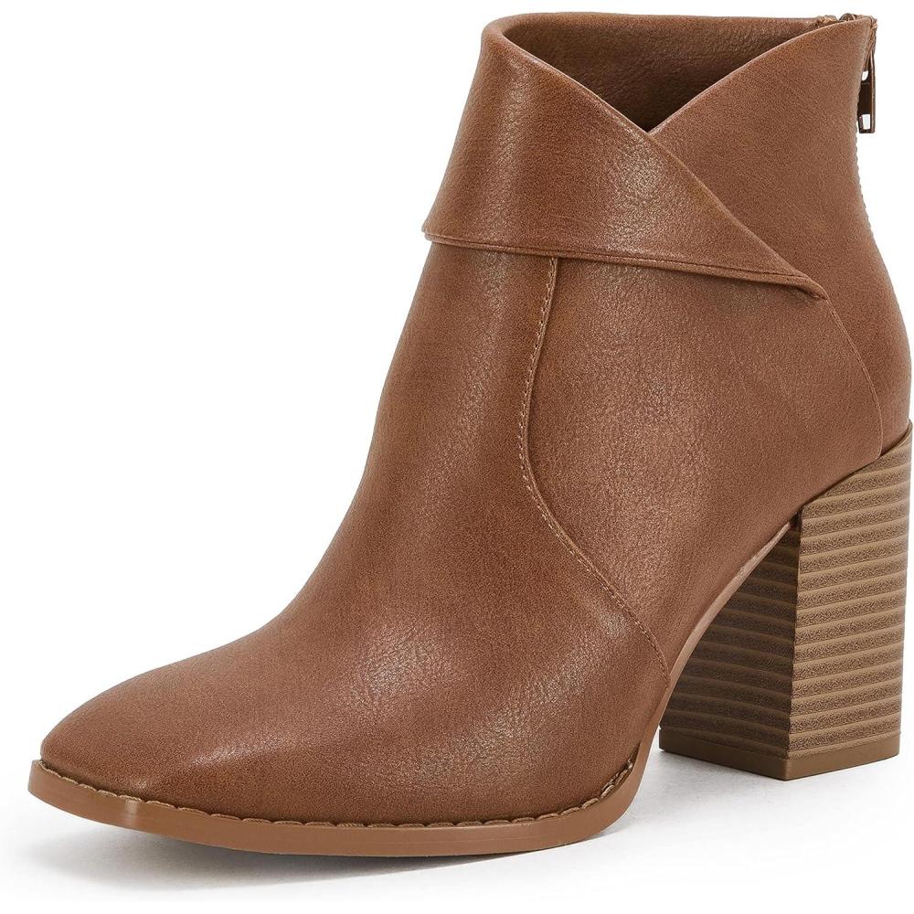 imageLAICIGO Womens Square Toe Ankle Boots High Chunky Stacked Heel Slip On Criss Cross Zipper BootiesBrown