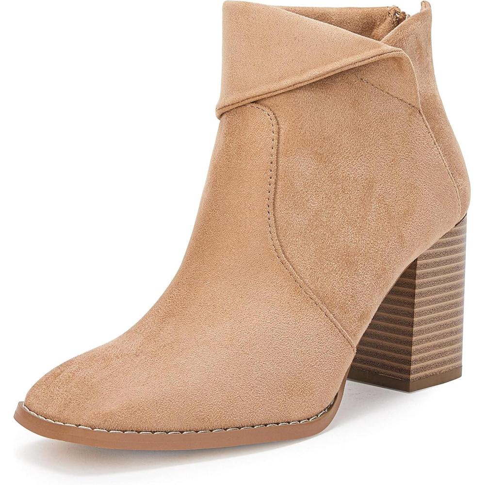imageLAICIGO Womens Square Toe Ankle Boots High Chunky Stacked Heel Slip On Criss Cross Zipper BootiesLight Brown