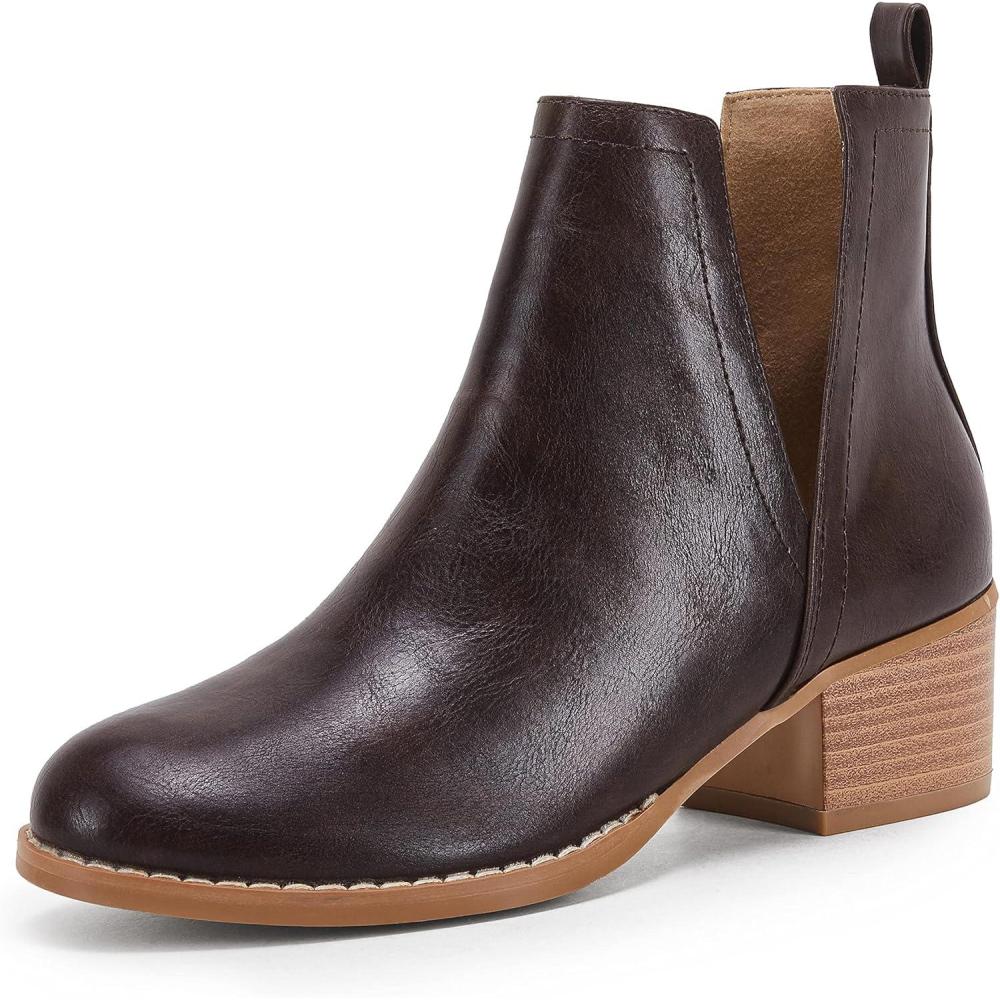 imageLAICIGO Womens V Cut Ankle Booties Low Stacked Heel Closed Toe Perforated Slipon Faux Leather Western Boots1dark Brown