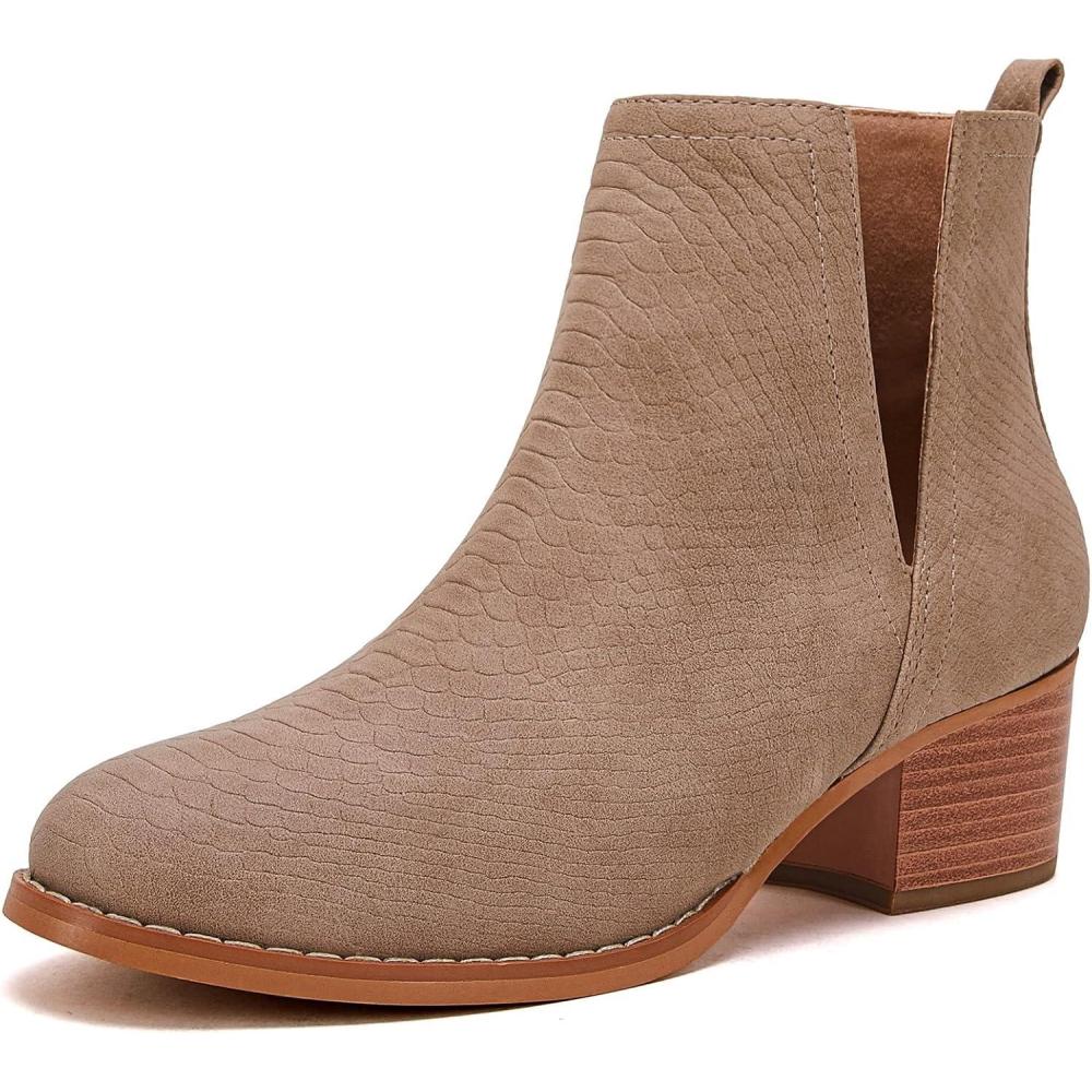 imageLAICIGO Womens V Cut Ankle Booties Low Stacked Heel Closed Toe Perforated Slipon Faux Leather Western Boots1khaki