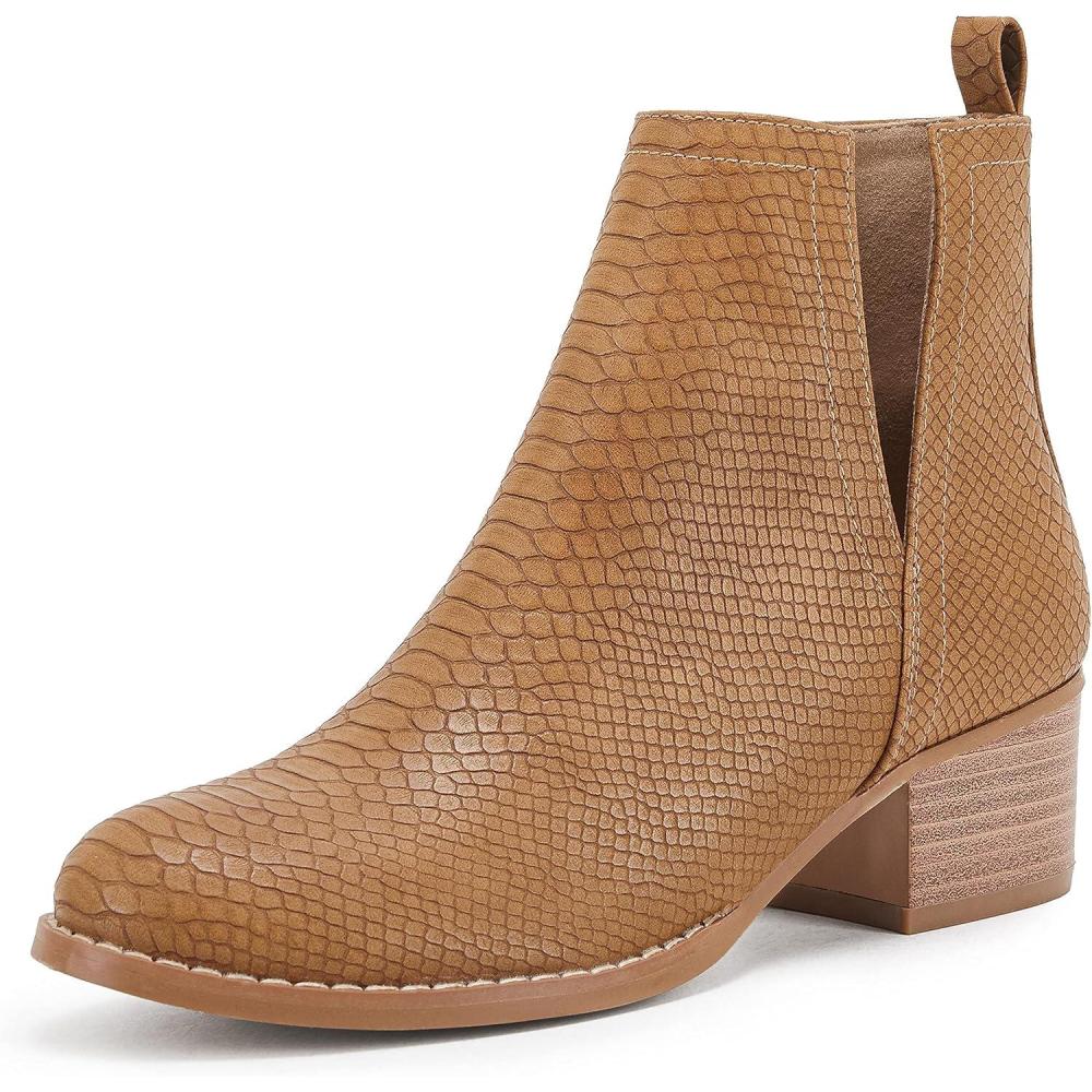 imageLAICIGO Womens V Cut Ankle Booties Low Stacked Heel Closed Toe Perforated Slipon Faux Leather Western Boots1light Brown