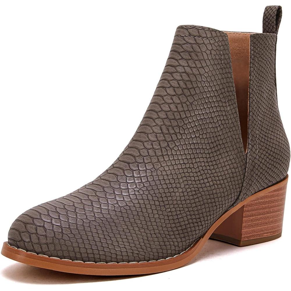 imageLAICIGO Womens V Cut Ankle Booties Low Stacked Heel Closed Toe Perforated Slipon Faux Leather Western Boots1taupe