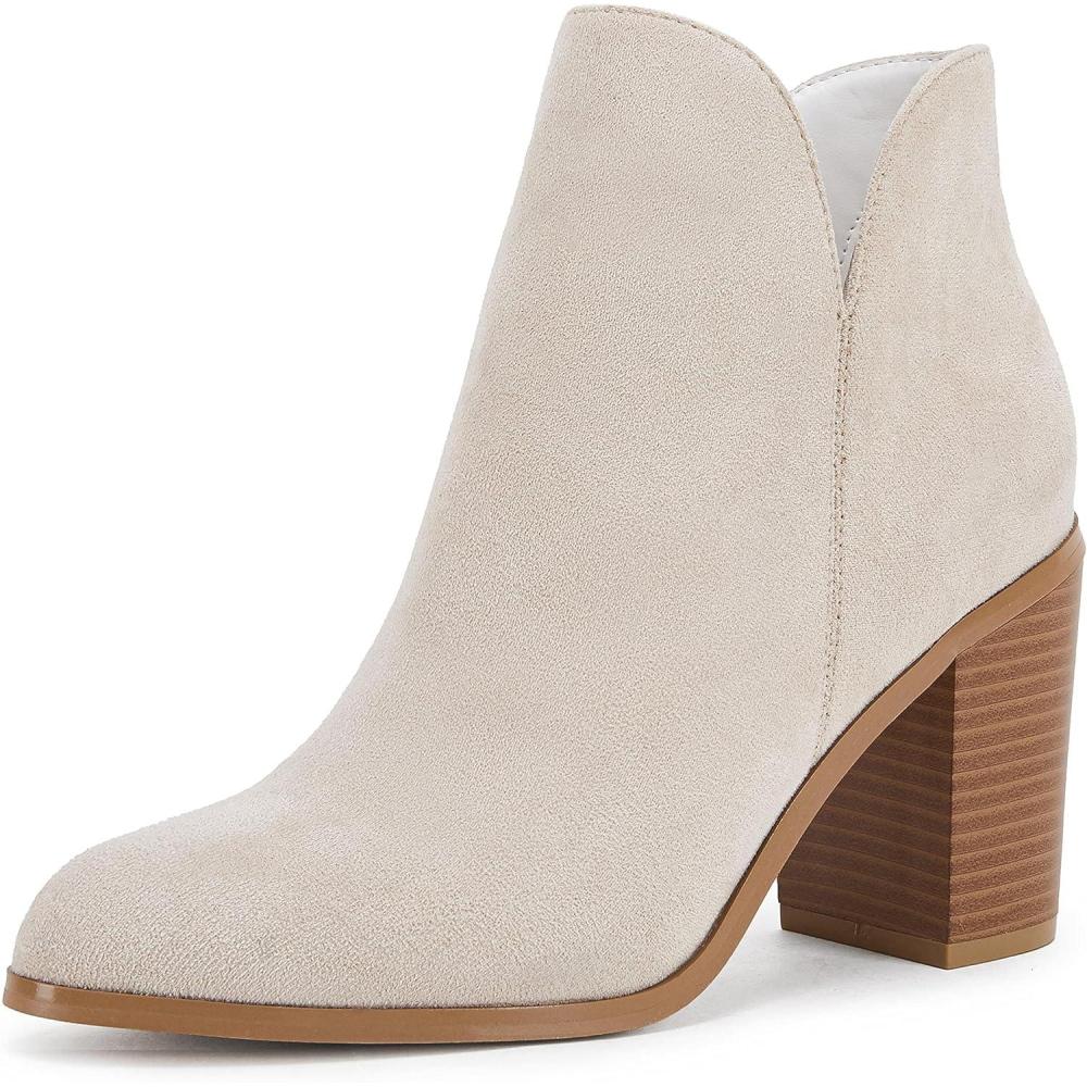 imageLAICIGO Womens V Cut Ankle Boots Side Zipper Chunky Stacked Heel Snakeskin Booties ShoesCream