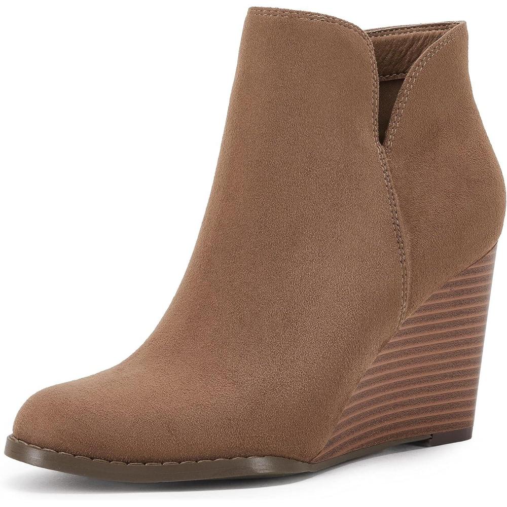 imageLAICIGO Womens V Cut Wedge Ankle Booties Zipup Closed Toe Stacked Heel Faux Suede Winter BootsCoffee