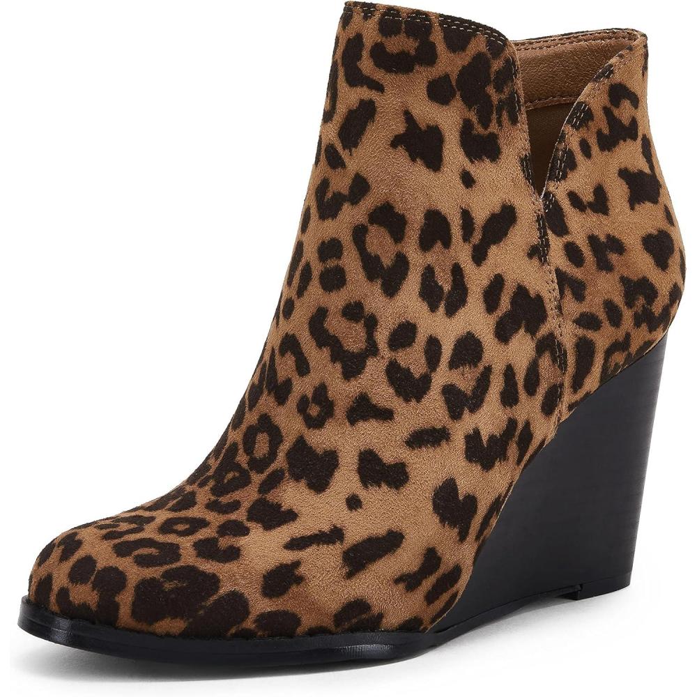 imageLAICIGO Womens V Cut Wedge Ankle Booties Zipup Closed Toe Stacked Heel Faux Suede Winter BootsLeopard