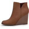 LAICIGO Womens V Cut Wedge Ankle Booties Zip-up Closed Toe Stacked Heel Faux Suede Winter Boots(Brown)