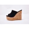 LAICIGO Womens Wedge Platform Slide on Sandals Open Toe Cork Faux Suede Dress Summer Slippers Shoes(Black)