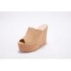 LAICIGO Womens Wedge Platform Slide on Sandals Open Toe Cork Faux Suede Dress Summer Slippers Shoes(Khaki)