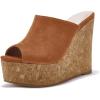 LAICIGO Womens Wedge Platform Slide on Sandals Open Toe Cork Faux Suede Dress Summer Slippers Shoes(Brown)