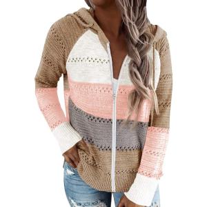 LAICIGO Women’s Lightweight Knit Cardigan Color Block Striped Full Zipper Long Sleeve Loose Hoodies Taupe