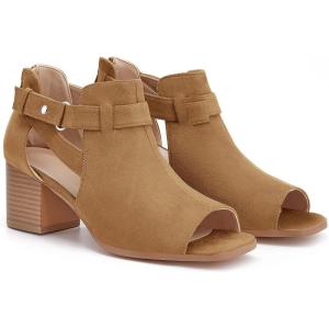 LAICIGO Womens Peep Toe Heels Chunky Heel Booties Open Toe Booty Cutout Dress Shoes with Back Zipper(Light Brown)