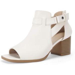 LAICIGO Womens Peep Toe Heels Chunky Heel Booties Open Toe Booty Cutout Dress Shoes with Back Zipper(White)