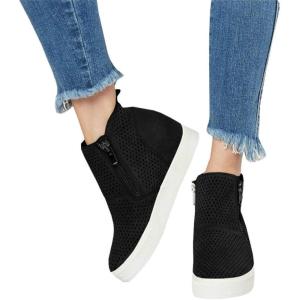 LAICIGO Women’s Platform Sneakers Hidden Wedges Side Zipper Faux Suede Perforated Ankle Booties (40 EU – 9 B(M) US, 3-Black)