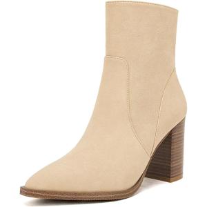 LAICIGO Women’s Pointed Toe Ankle Boots Chunky Stacked Heel Side Zipper Faux Leather Ankle Booties(Beige)