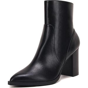 LAICIGO Women’s Pointed Toe Ankle Boots Chunky Stacked Heel Side Zipper Faux Leather Ankle Booties(Black)