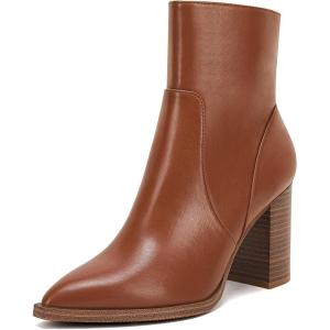 LAICIGO Women’s Pointed Toe Ankle Boots Chunky Stacked Heel Side Zipper Faux Leather Ankle Booties(Brown)