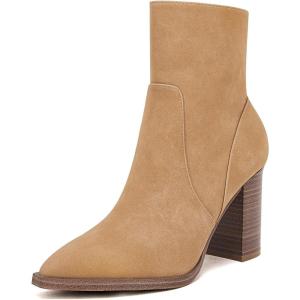 LAICIGO Women’s Pointed Toe Ankle Boots Chunky Stacked Heel Side Zipper Faux Leather Ankle Booties(Camel)