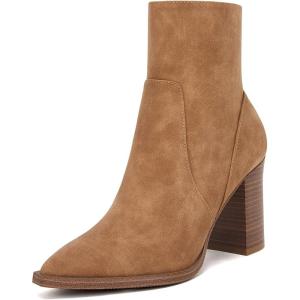 LAICIGO Women’s Pointed Toe Ankle Boots Chunky Stacked Heel Side Zipper Faux Leather Ankle Booties(Light Brown)