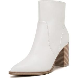 LAICIGO Women’s Pointed Toe Ankle Boots Chunky Stacked Heel Side Zipper Faux Leather Ankle Booties(White)