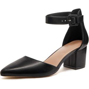 LAICIGO Women’s Pointed Toe Pumps Ankle Strap Buckle Chunky Block Heel Dress D’Orsay Shoes(Black Leather)