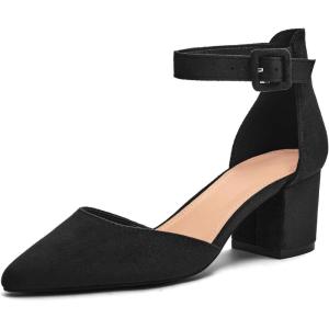 LAICIGO Women’s Pointed Toe Pumps Ankle Strap Buckle Chunky Block Heel Dress D’Orsay Shoes(Black Suede)