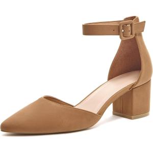 LAICIGO Women’s Pointed Toe Pumps Ankle Strap Buckle Chunky Block Heel Dress D’Orsay Shoes(Brown Leather)