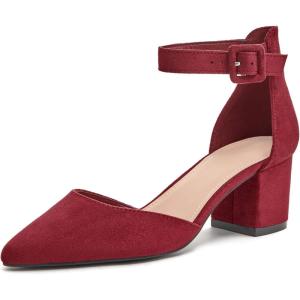 LAICIGO Women’s Pointed Toe Pumps Ankle Strap Buckle Chunky Block Heel Dress D’Orsay Shoes(Burgundy Suede)