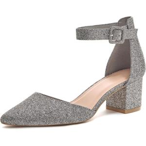 LAICIGO Women’s Pointed Toe Pumps Ankle Strap Buckle Chunky Block Heel Dress D’Orsay Shoes(Dark Grey Sparkly)