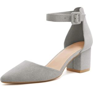 LAICIGO Women’s Pointed Toe Pumps Ankle Strap Buckle Chunky Block Heel Dress D’Orsay Shoes(Grey Suede)