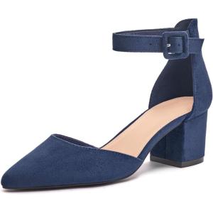LAICIGO Women’s Pointed Toe Pumps Ankle Strap Buckle Chunky Block Heel Dress D’Orsay Shoes(Navy Suede)