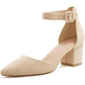 LAICIGO Women’s Pointed Toe Pumps Ankle Strap Buckle Chunky Block Heel Dress D’Orsay Shoes(Nude Suede)