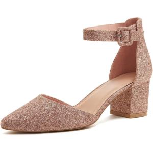 LAICIGO Women’s Pointed Toe Pumps Ankle Strap Buckle Chunky Block Heel Dress D’Orsay Shoes(Pink Sparkly)