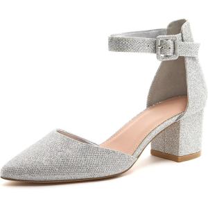 LAICIGO Women’s Pointed Toe Pumps Ankle Strap Buckle Chunky Block Heel Dress D’Orsay Shoes(Silver Sparkly)