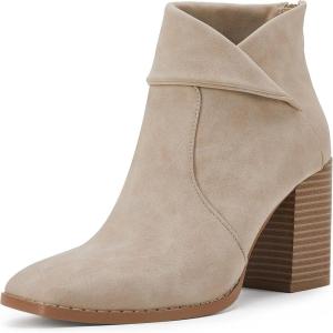 LAICIGO Women’s Square Toe Ankle Boots High Chunky Stacked Heel Slip On Criss Cross Zipper Booties(Apricot)