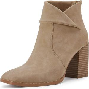 LAICIGO Women’s Square Toe Ankle Boots High Chunky Stacked Heel Slip On Criss Cross Zipper Booties(Khaki)