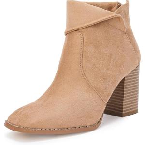 LAICIGO Women’s Square Toe Ankle Boots High Chunky Stacked Heel Slip On Criss Cross Zipper Booties(Light Brown)
